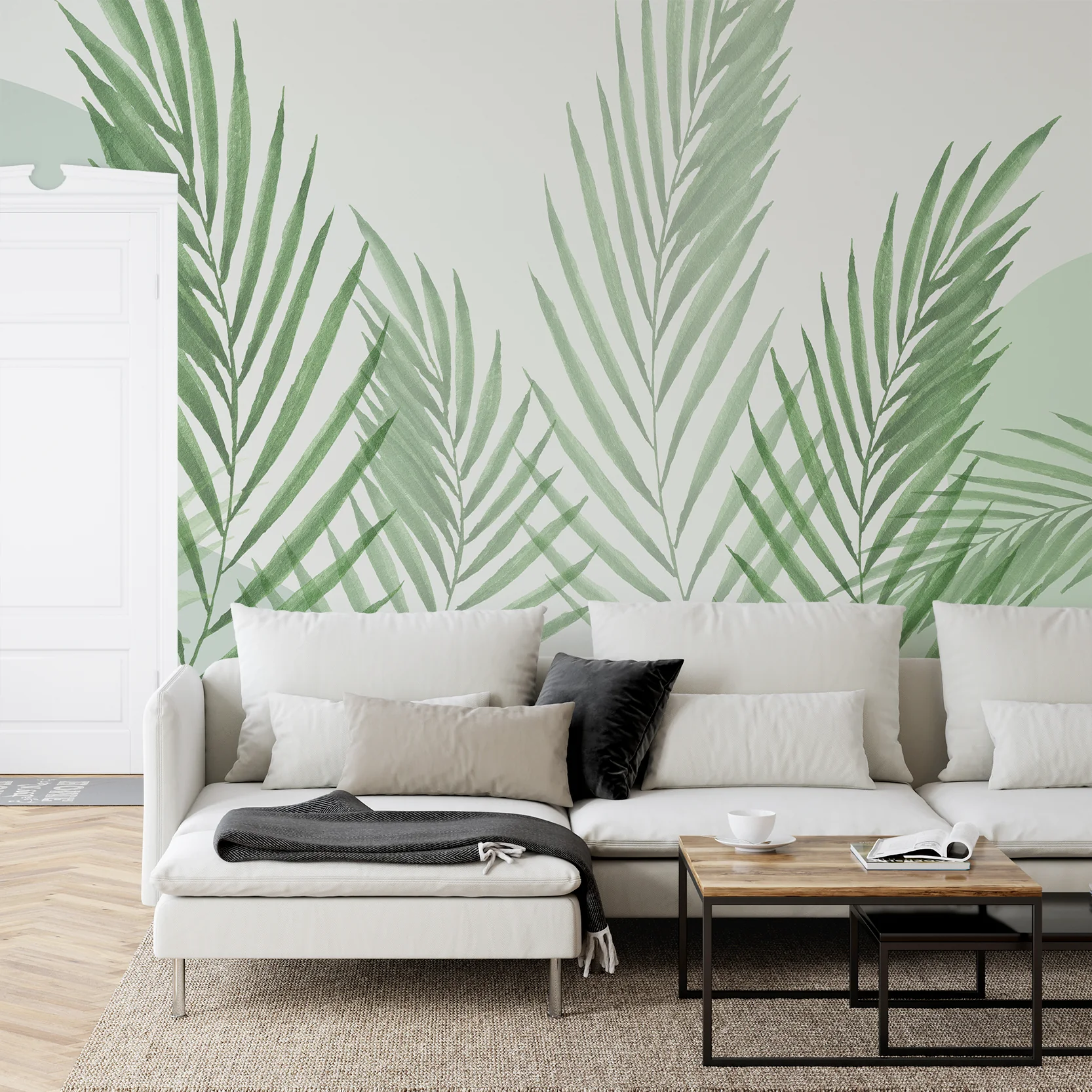 Raffia Green - Watercolour Green Minimalistic Leaves Wallpaper Mural - Image 3